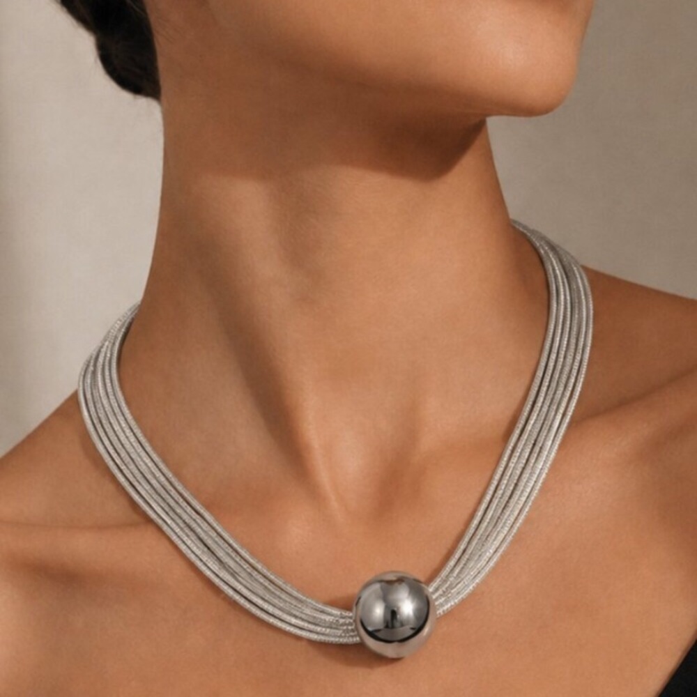 ✨ Silver-Tone Multi-Strand Statement Necklace Sculptural Ball Collar